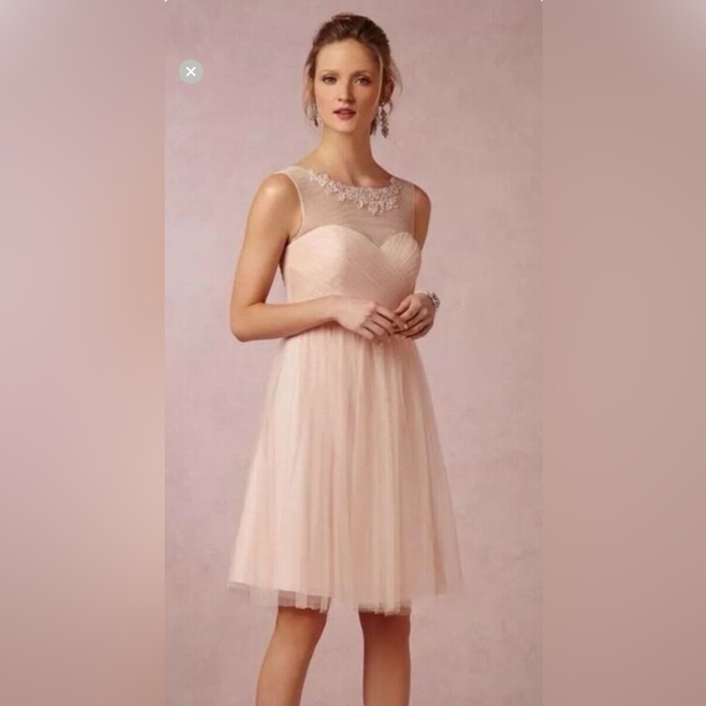 Jenny Yoo Pale Blush Illusion Neck Tulle Midi Dress